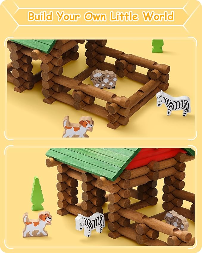 SainSmart Jr. 110 PCS Wooden Log Cabin Set Building House Toy for Toddlers Classic STEM Construction Kit with Colorful Wood Logs Blocks for 3+ Years Old