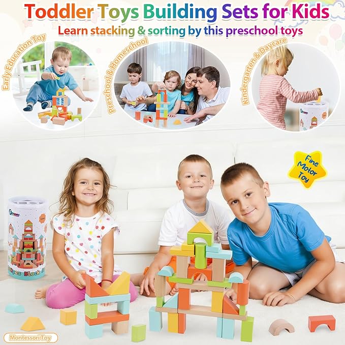 FCSONU Wooden Building Blocks for Toddlers 1-3 100 Pcs Wood Blocks Set - Sorting &amp Stacking Toys with Storage and Lid Kid Montessori Toys Ages 2+ Christmas 1st Birthday Gifts for Boys Girls Bab