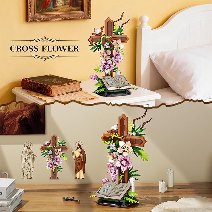 Cross Flower Building Set Religious Cross Collectibles Compatible with Lego Jesus Catholic Building Toys Easter Christian Birthday Gifts for Mothers Women or Adults