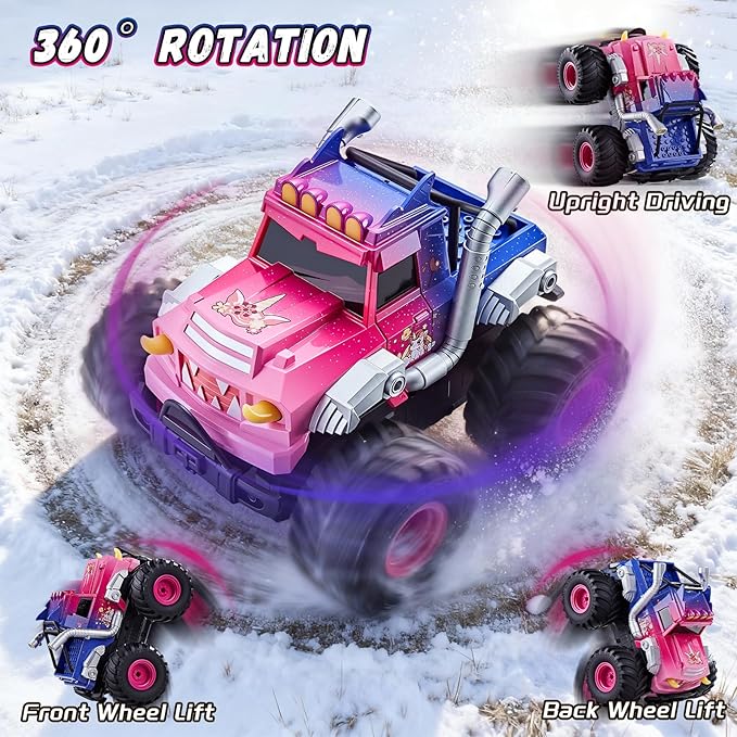 Remote Control Car for Girls Waterproof Pink Monster Truck Toys W/Blocks &amp 360°Spin 1:18 Amphibious RC Cars 4WD All-Terrain Off-Road RC Trucks Birthday Gifts Pool Toys for Kids Age 3-12