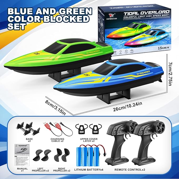 RC Boat 2 Pack Remote Control Boats with 7-Mode Colorful LED Lights 10 Inch RC Boats 15KM/H High Speed 2.4GHz Remote 3 Speed Modes 4 Batteries for Kids &amp Adults Pool &amp Lake Racing