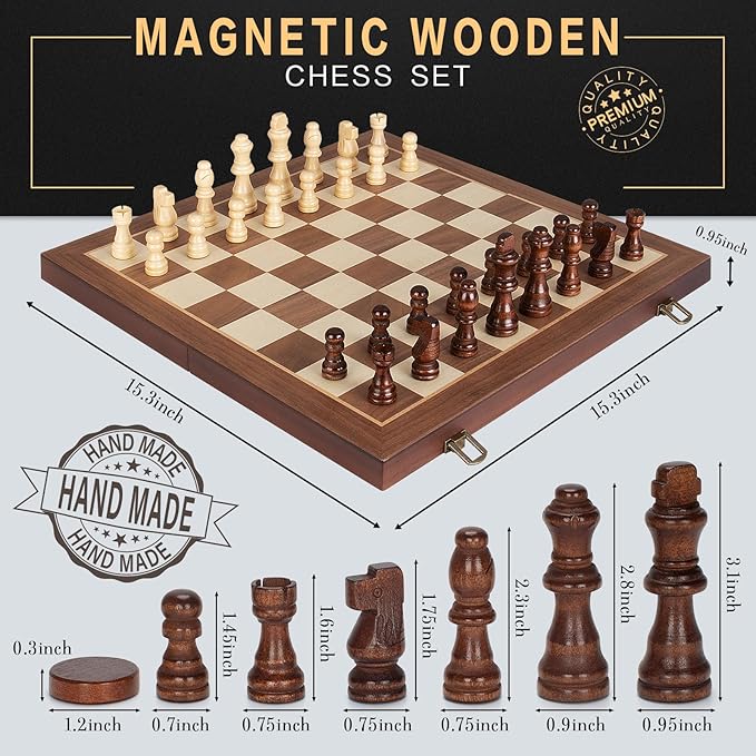 2 in 1 Magnetic Wooden Chess and Checkers Board Game Set 15 Folding Chess Boards with 2 Extra Queens Portable Travel Chess Sets with Pieces Storage Slots Beginner Chess Game Set for Kids Adults