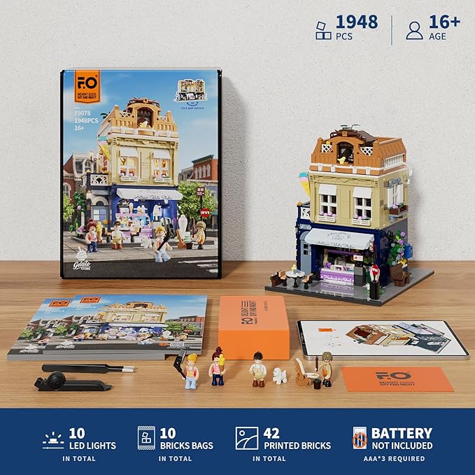 FUNWHOLE Gelato-Store Lighting Building-Bricks Set - City Town Ice Cream Shop LED Light Modular Collection Kit 1948 Pcs Display Model for Adults and Dessert Lovers