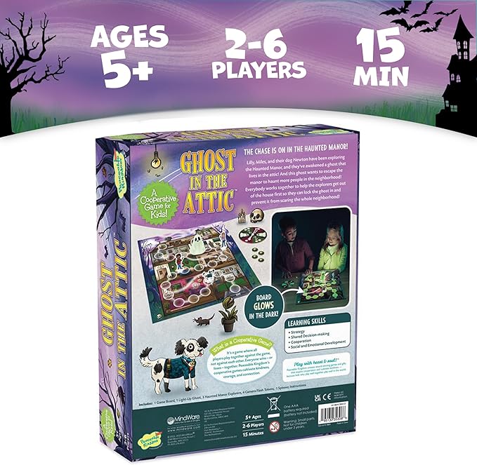 Peaceable Kingdom Ghost in The Attic - Cooperative Board Game for Family Game Night – Unique Glow-in-The-Dark Board Game - Great for Kids Ages 5 &amp Up