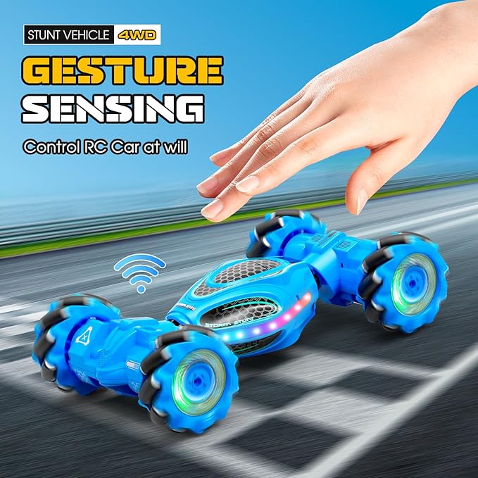 Gesture Sensing RC Stunt Car - Boys Toys Age 6-12 4WD Hand Controlled Remote Control Drift Twist Offroad 360° Rotation Car with Light &amp Music Cool Birthday Presents and Ideas Gifts for Kids Blue