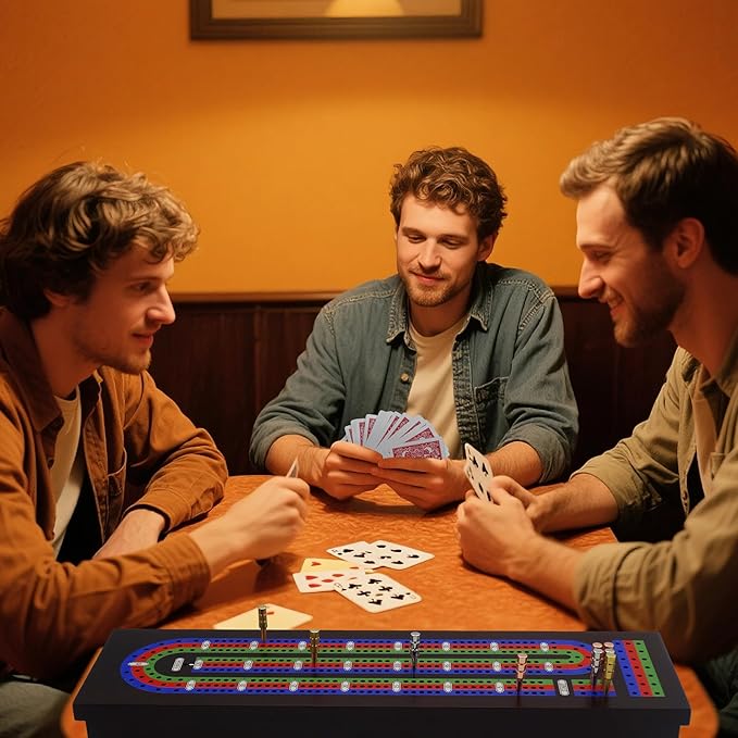 Wooden Cribbage Board Game Set with Metal Pegs and 2 Decks of Playing Cards Travel Cribbage Board with Card Storage Magnetic Lock Classic Continuous 3 Track Cribbage Set for Family