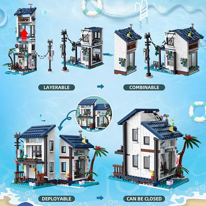 3 in 1 Beach House Building Set Compatible with Lego Friends Seaside Villa Construction Educational Toy with Light Birthday Gift for Kids Girls Aged 8-12 (813 PCS)