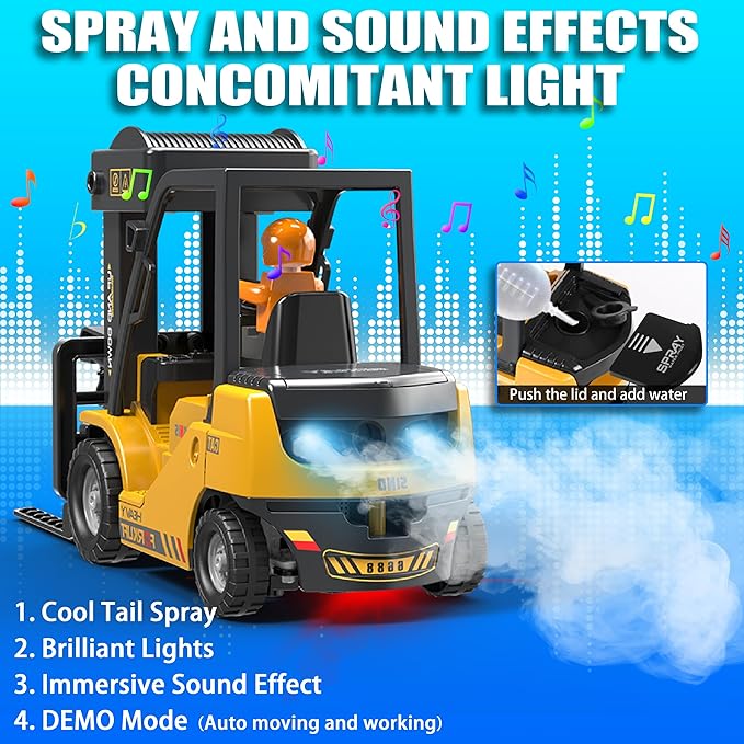 RC Forklift Truck 2 in 1 Transform Lift Fork &amp Hook Kids Forklift Toy 11 Channel Remote Control Forklift for Adults 2 Battery Spray Light RC Construction Vehicles Toy for Kids 6+ Gift