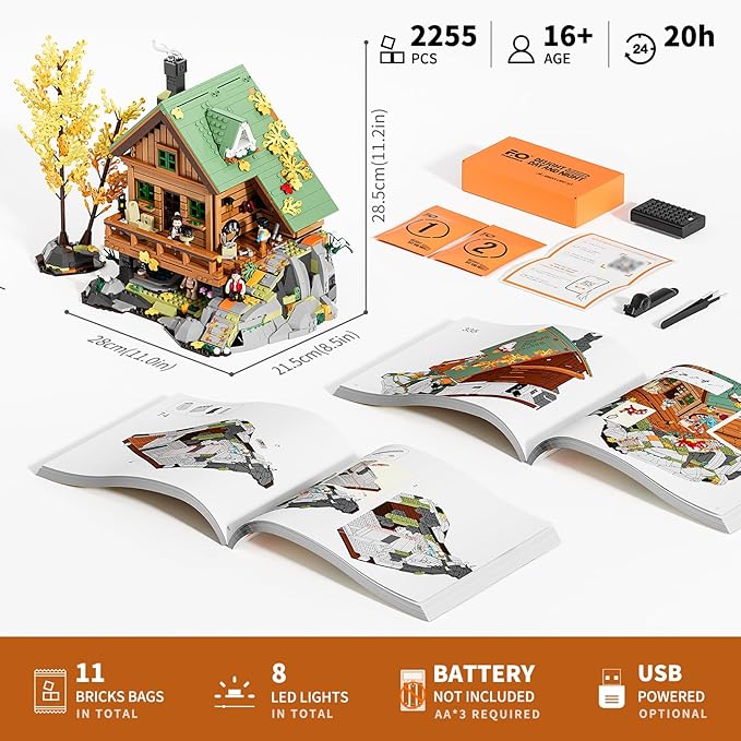FUNWHOLE Mountain-Cabin House Lighting Building-Bricks Set - Friends Mountain House and Treehouse Collection LED Light Building Set 2255 Pcs for Adults and Teen