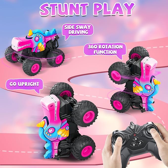 YongnKids Remote Control Car for Girls 2.4Ghz Unicorn Monster Trucks with Light &amp MusicUnicorn Toys for Girls Age 3 4 5 6 7 8 Years 360° Rotating All Terrain RC Stunt Car Rechargeable Xmas Gift