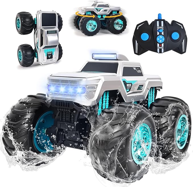 Waterproof Amphibious Remote Control Truck for Kids Gyroscope Self-Balancing Monster Truck with Wheelie Stunts LED Lights All-Terrain RC Car for Boys Girls Ages 6–12 Outdoor Pool Toy Gift