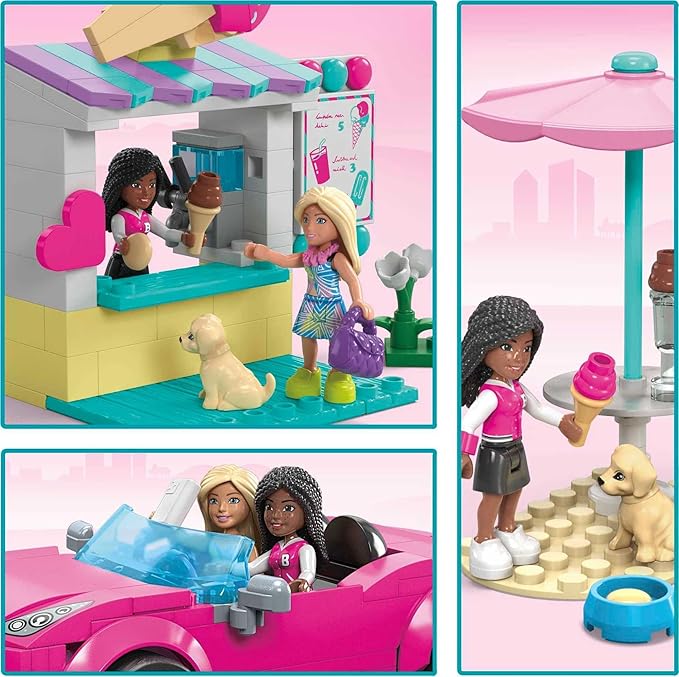 MEGA Barbie Kids Building Toy Set Convertible &amp Ice Cream Stand with 226 Pieces 2 Micro-Dolls and Accessories Pink Ages 6+ Years