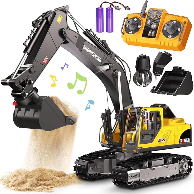 Remote Control Excavator Toys for Boys 3 in 1 RC Excavator Toy with Alloy Bucket Rock Breaker and Grapples - Rotatable 680° Lights and Sounds RC Construction Toys for Boys Age 3+