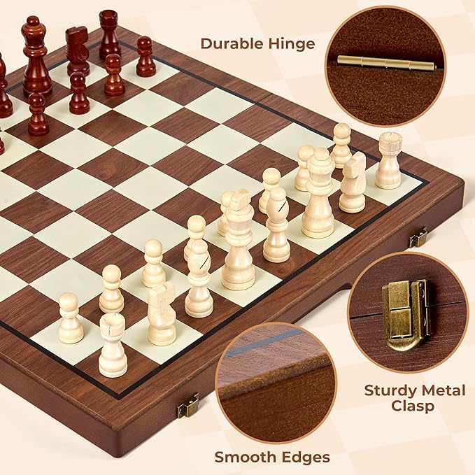 MerryPony 2 in 1 Wooden Chess and Checkers Set Magnetic – 15 inch Folding Board Game with Strong Magnetic Chess Pieces with 2 Extra Queens Portable Travel Beginner Chess Game Set for Adults Family