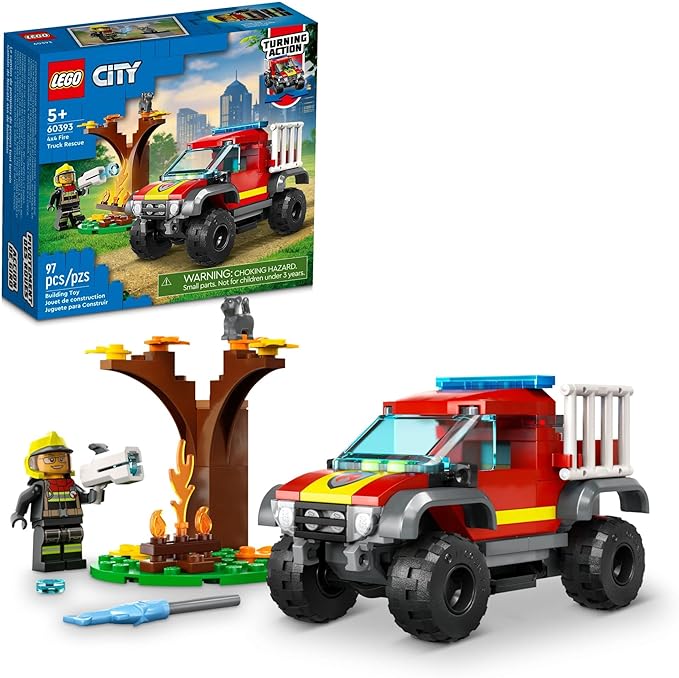 LEGO City 4x4 Fire Engine Rescue Truck 60393 Toy for 5 Plus Year Old Boys &amp Girls Set with Water Element Launcher Firefighter Minifigure and Cat Figure