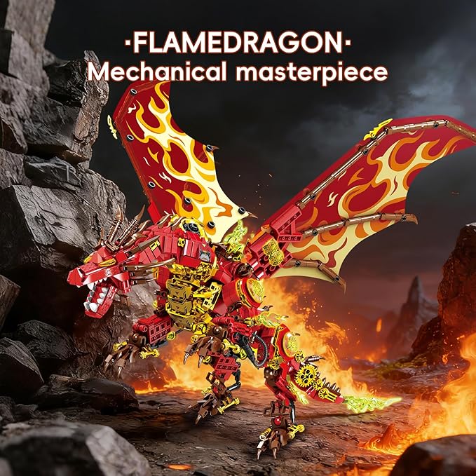 Armored Flaming Dragon Building Blocks Set Mechanical Style Red Dragon Model with Flame Details 3D Construction ToyIdeal Gift for Adults &amp Teens.
