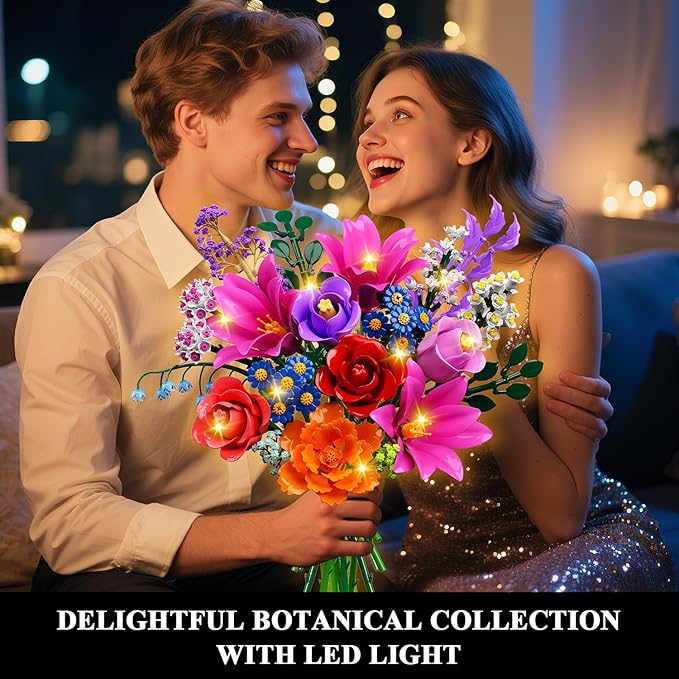 Flowers Bouquet Building Set with LED Light 21 Flower Botanical Collection Block Toy Rose Home Plant Decor 1054PCS for Her Adults Women Mom Kids Girls 12+ (RED)