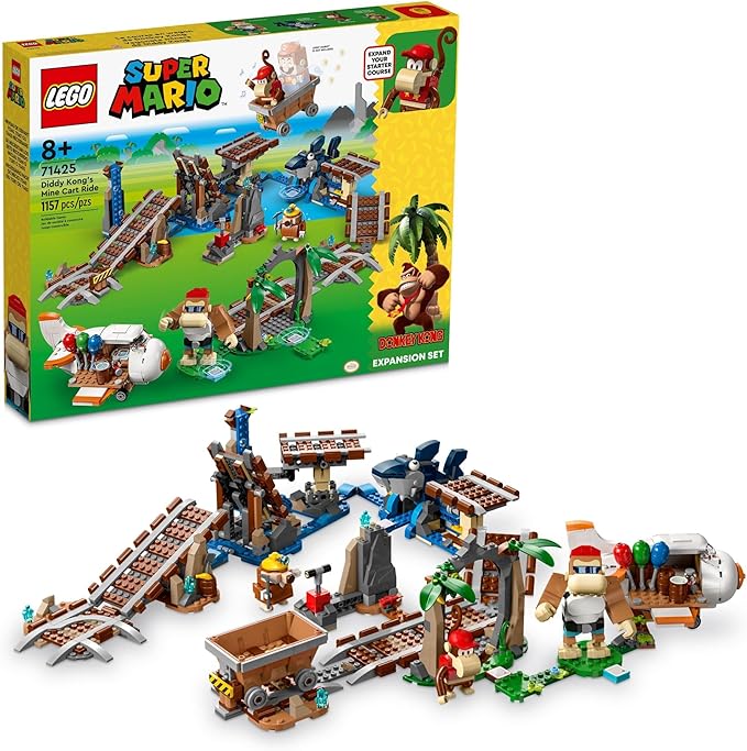 LEGO Super Mario Diddy Kong's Mine Cart Ride Expansion Set 71425 Collectible Building Toy with Brick Built Funky Kong Figure Super Mario Gift Set for Kids Ages 8-10 to Combine with a Starter Course