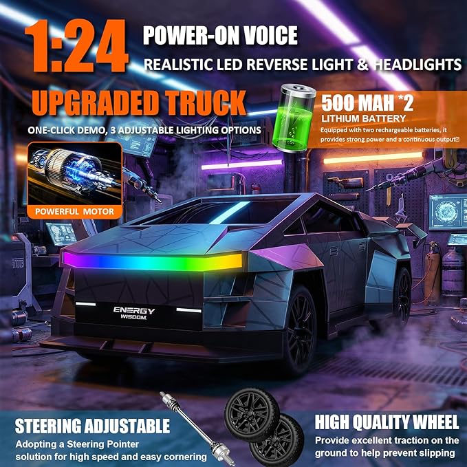 Remote Control Car/RC Truck – 2.4 GHz All-Terrain Cyber Vehicles with One-Touch Demo and Three Adjustable LED Light Effects Off-Road Pick-Up Hobby Monster Truck Toys Gifts for Boys/Girls Aged 3+