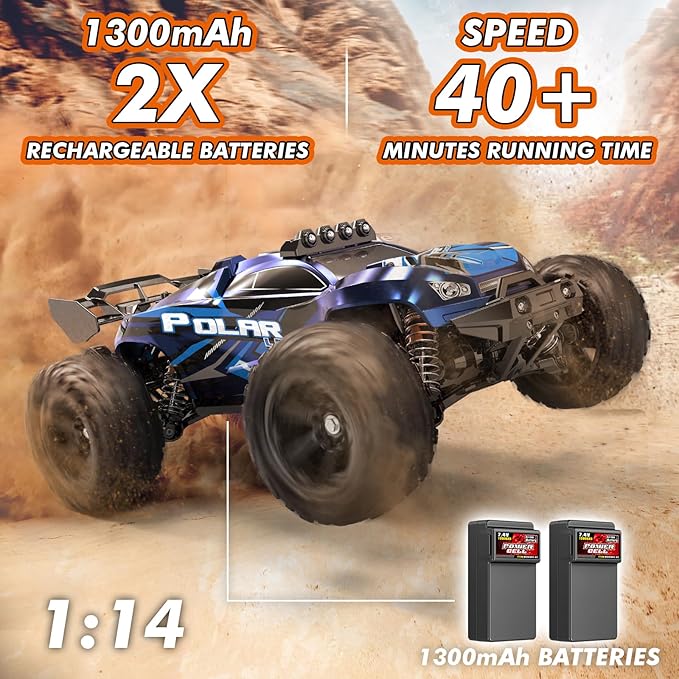Rc Cars 1:14 All Terrain RC Car for Adults &amp Boys 4WD Off-Road RC Truck High Speed Fast 40+ KPH 4X4 Waterproof Remote Control Car with 2 Rechargeable 1300 mAh Batteries