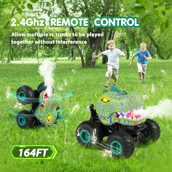 DYODYORC Remote Control Car 2.4Ghz All Terrain Dinosaur Monster Truck Toys RC Truck with Spay Music 3 Lighting Effects Stunt Capable Toy Gifts for Boys and Girls (Green)