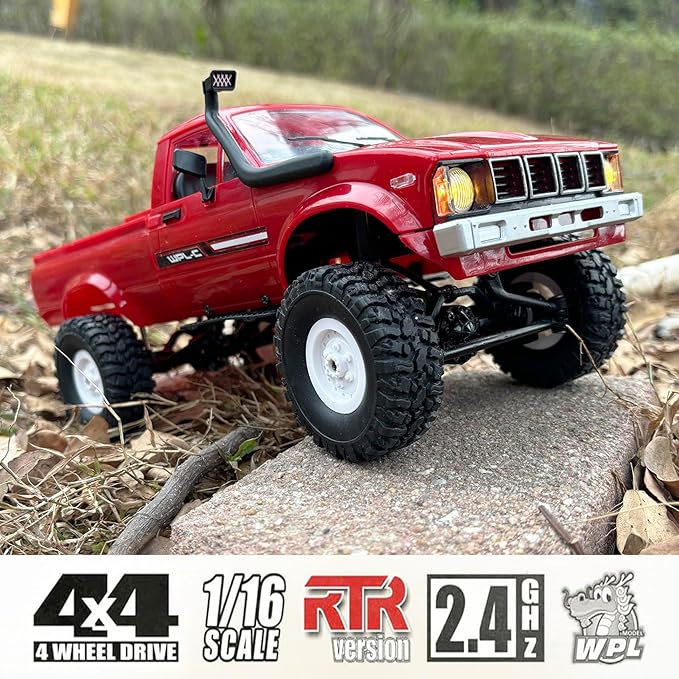 RC Rock Crawler 4x4 WPL C24 RC Truck Off Road RTR 1/16 Scale Remote Control Crawler All Terrain with Proportional Throttle Steering 2.4 GHz Led Light Hobby Toy Adult