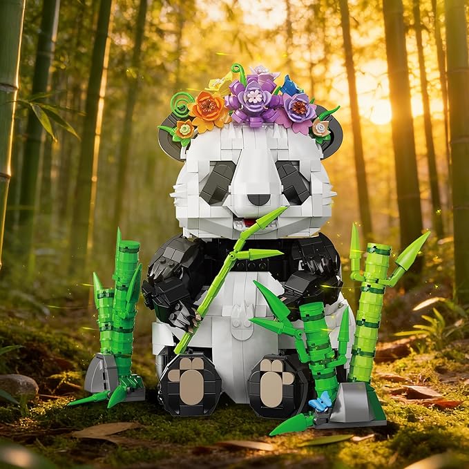 Panda Building Set with Flowers &amp Bamboo for Adults Compatible with Lego Wild Animals Movable Arms and Head Collectible Model Home Decor Gift for Teens Boy Girl