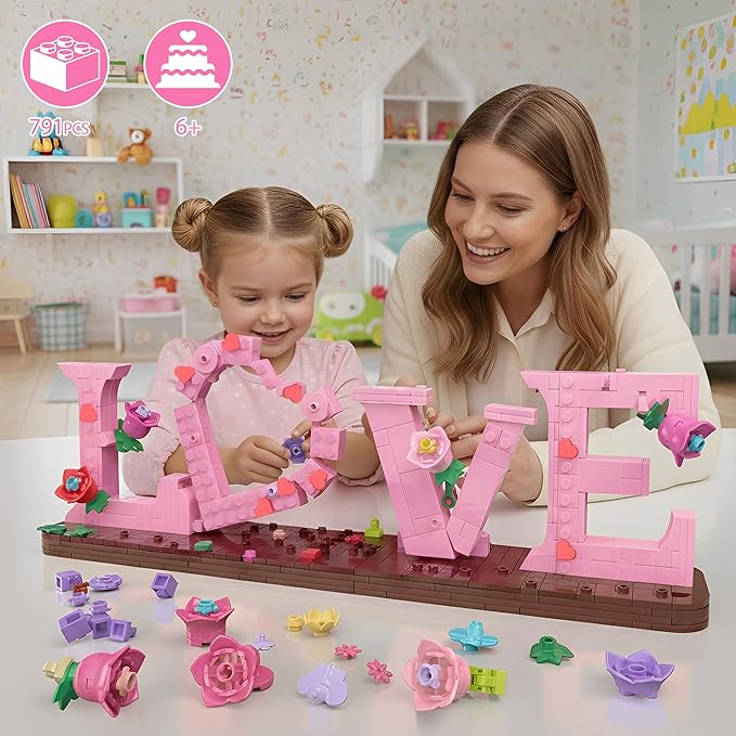 LOVE Heart Floral Building Kit 791PCS DIY Romantic Flower Brick Set Creative Anniversaries Gifts for Women &amp Men Valentine's/Mother's Day Home &amp Desk Decor Present for Ages 6+ Kids Girls