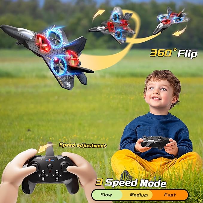 Foam Remote Control Airplane Drone for Kids Ages 8-12 Remote Control Jet with Lights 360° Flips Auto Hover Headless Mode One-Key Take Off &amp Landing Outdoor Flying Toy Gift for Boys