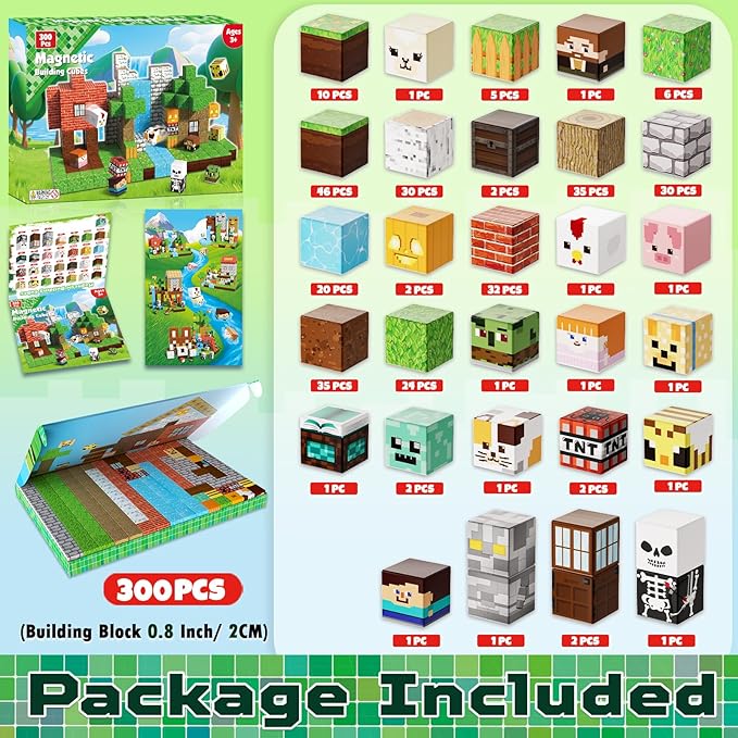 300PCS Magnetic Blocks - Magnetic Building Blocks Stacking Magnet Cubes Toys STEM Montessori Sensory Game Toys for Kids Boys and Girls Ages 3 4 5 6 7 8 9 10 Easter Birthday Gifts