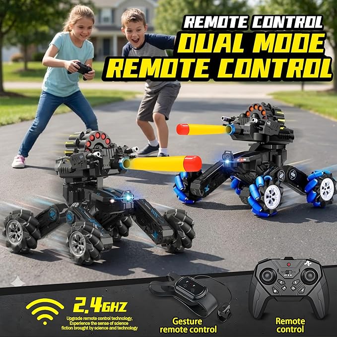 RC Tank Car with DriftHand Gesture Control Dual Mode Stunt Truck with Light Spray and Music 2.4Ghz Free Deformation Remote Control Fighting Bullets Vehicle for Kids