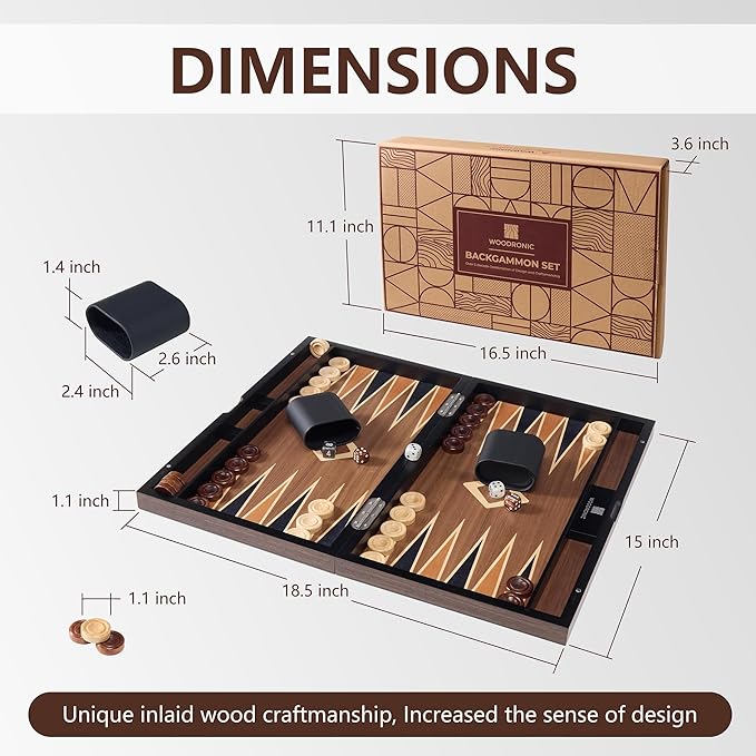Wood Backgammon Set for Adults – 15 Inch Classic Board Game Case - Premium Folding Backgammon Set with Oversize Wooden Playing Pieces Dices - Portable Travel Backgammon Game Set for Adults