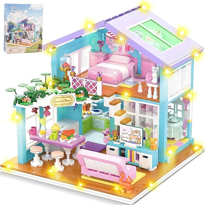 730PCS Pink Cat's House Building Blocks KitDream Villa Architecture STEM Toys Friends Building Set with LED LightUnique Educational Birthday Gift for 14+ GirlsBoys or Adults