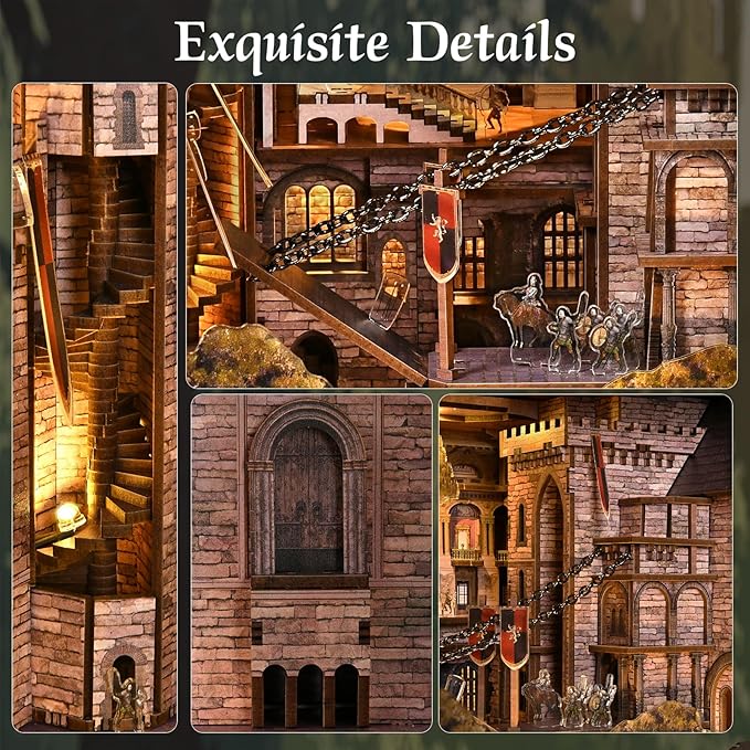 Book Nook Kit - 351 Pcs Wooden Miniature Kit with LED Lights Dust Cover &amp Medieval Details (Robin Hood)