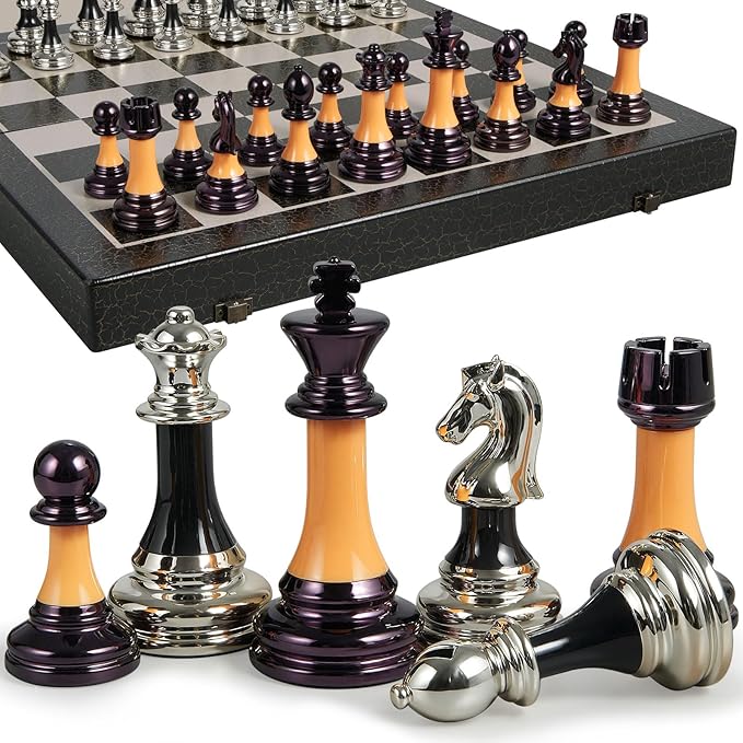 Chess Set 16 Wooden Foldable Black White Chess Board 3.5 Luxury Weighted Acrylic Chess Pieces with Storage Slots for Adults Children Gift Large