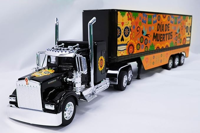 Shop72 1:32 Scale Toy Truck with Trailer Diecast Semi Long Hauler Truck Collectible Long Hauler with Dry Van Trailer Diecast 18 Wheelers Semi Replica Kenworth W900 Model - Dia DE Los Muertos