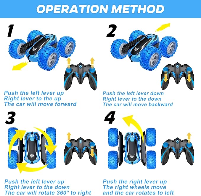 KKONES Remote Control Car 2.4GHz Double Sided 360° Flips Rotating Electric Race RC Stunt Car LED Wheel &amp Headlight High Speed Off Road Cars Toy Gift for 3 4 5 6 7 8-12 Year Old Boy Toys (Blue)