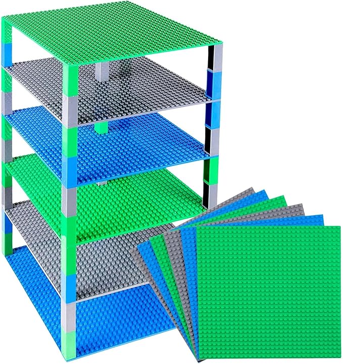 Strictly Briks Baseplate Set - Compatible with Lego 10 x 10 in 6 Baseplates with 50 Stackers Stackable Baseplates Building Toy Blocks Custom Display Towers Kids Easter Gift Blue Green Grey