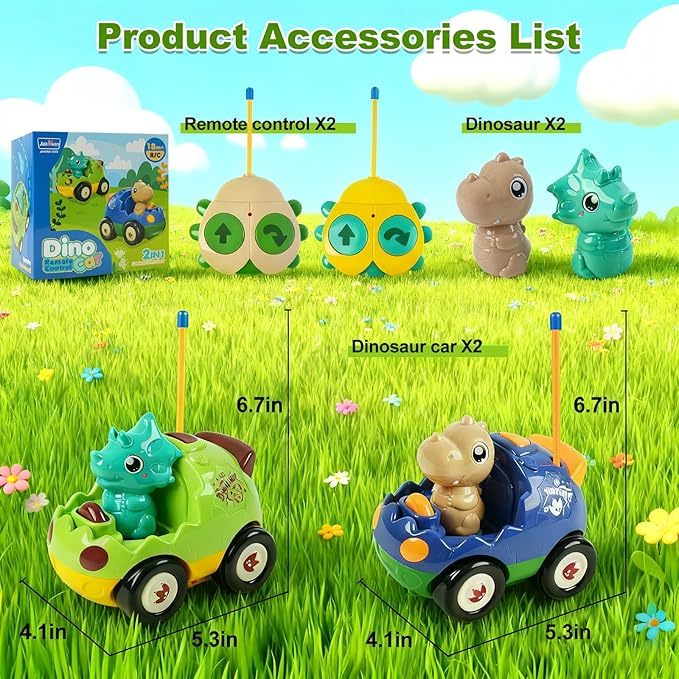 2-Pack RC Dinosaur Cars for Kids - Remote Control Dinosaur Toy Cars with Music and Lights Birthday Gift Toy for Boys Ages 2 3 4 5 Year Old and Toddlers 18+ Months