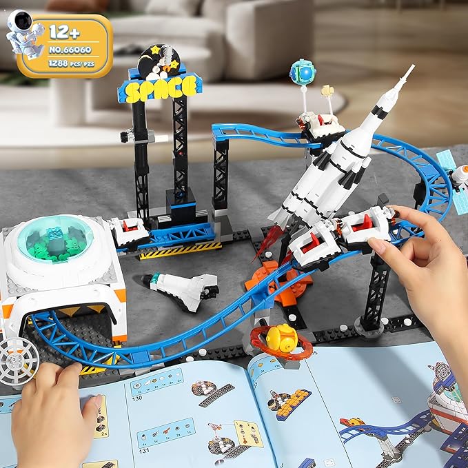 Space Roller Coaster Building Toy for Boys 12+ City Amusement Park Building Block Featuring a Roller Coaster Lift Platform Satellites Rocket Christmas Toy for Kids Ages 12+ 1288Pcs