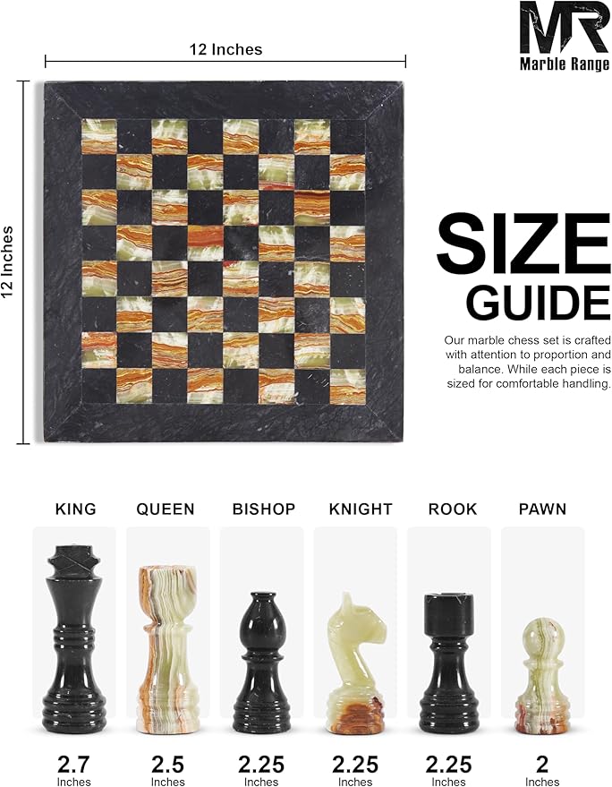 Marble Chess Set for Adults 12 Handmade Black &amp Green Onyx Board Game with 32 Chess Pieces 2 Extra Queens &amp Storage Box Luxury Travel Game Elegant for Home Decor