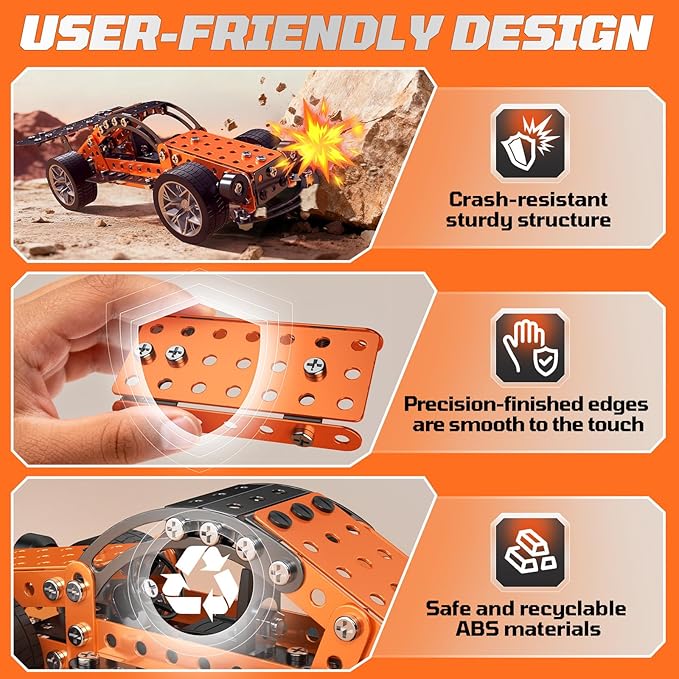 Metal Building Set Race Car Construction Kit Educational STEM Toy with Wheels Orange and Black