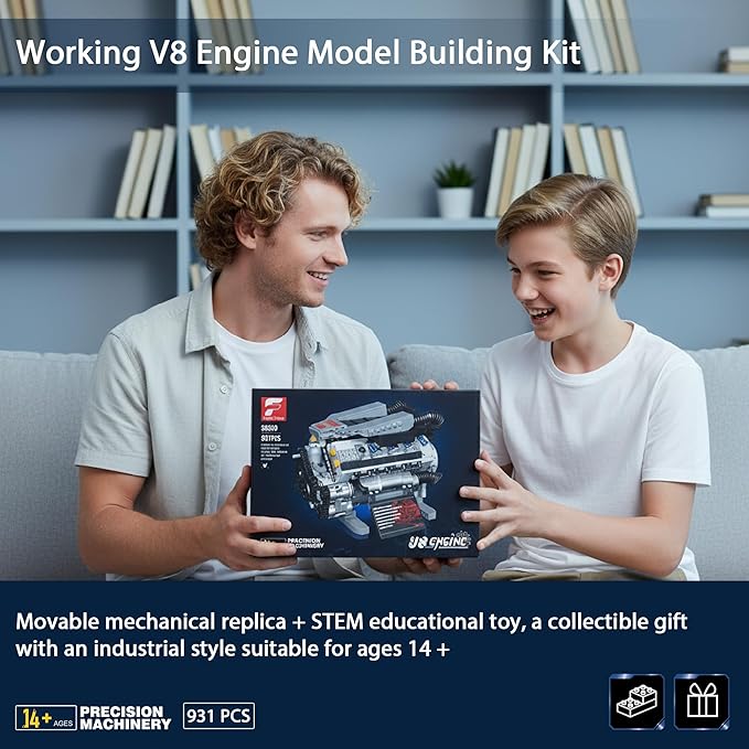 Working V8 Engine Model Building Kit Block-Compatible Physical Science Experiment STEM Toy Collectible Ornament and Creative Gift for Teens Aged 14+ and Adults(931 PCS)