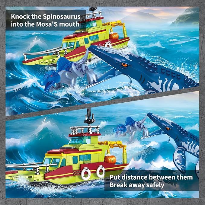 3 in 1 Sea Dinosaur Building Blocks Kit Set Compatible with Lego Dinosaur World Park Spinosaurus Mosasaurus Discovery Crossing Ocean World Building Set Boat STEM Toys Gift Kids Adults Boys Age 8-12