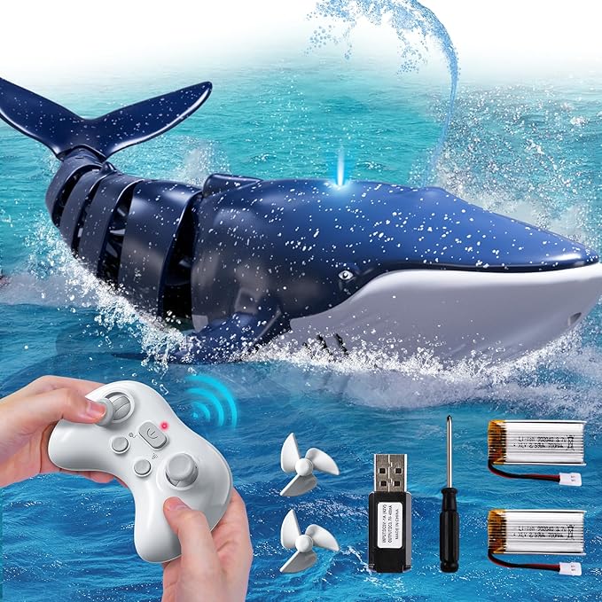 Remote Control Whale Shark Toys for Boys Kids 1:18 Scale High Simulation Shark for Pool 2.4Ghz Electric RC Shark Boat Fish Toys with Light &amp Spray Toy Shark Gifts for 6 7 8 9 Year olds Kid Boy