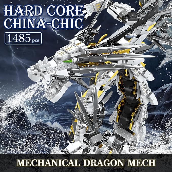 HIGH GODO Dragon Building Blocks Sets for Adults White Mechanical Dragon Animal Building Model Collectible Display Toys Cool Creative Gifts for Teens Fans (1485 Pieces)