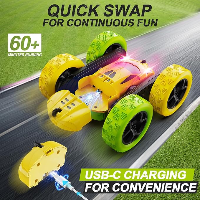 Remote Control Car RC Car Toys for 6-12 Year Old Boys Off Road RC Stunt Car 4WD 360° Rotating Remote Control Car for Kids Boys Girls Gifts for Birthday Christmas Yellow&ampGreen