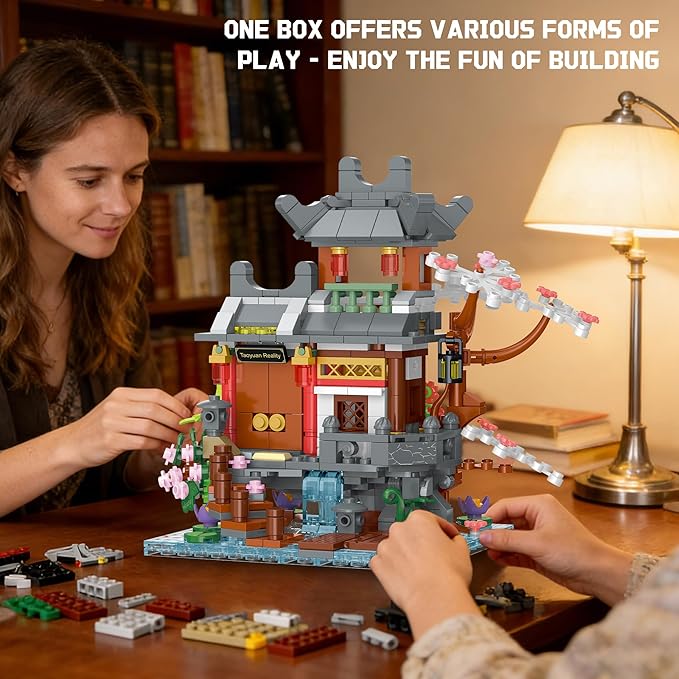 Peach Blossom Bonsai Tree House Building Set with Light 3 in 1 Compatible with Lego Japanese Architecture Model Collection for Adults Girls - 1095PCS