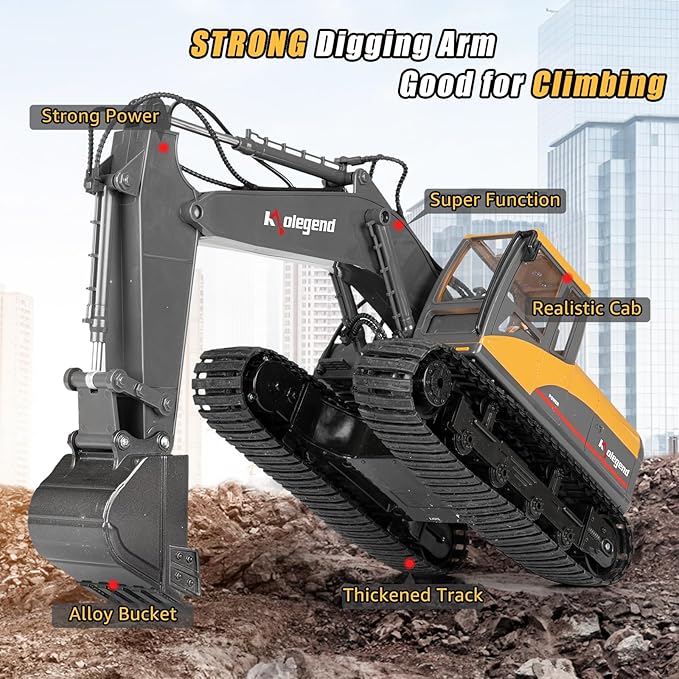 kolegend 3 in 1 Remote Control Excavator Toy 1/14 Scale RC Excavator 15 Channel Upgrade Full Functional Construction Vehicles with Tools Metal Breaker and Electric Gripper(Yellow/Black)