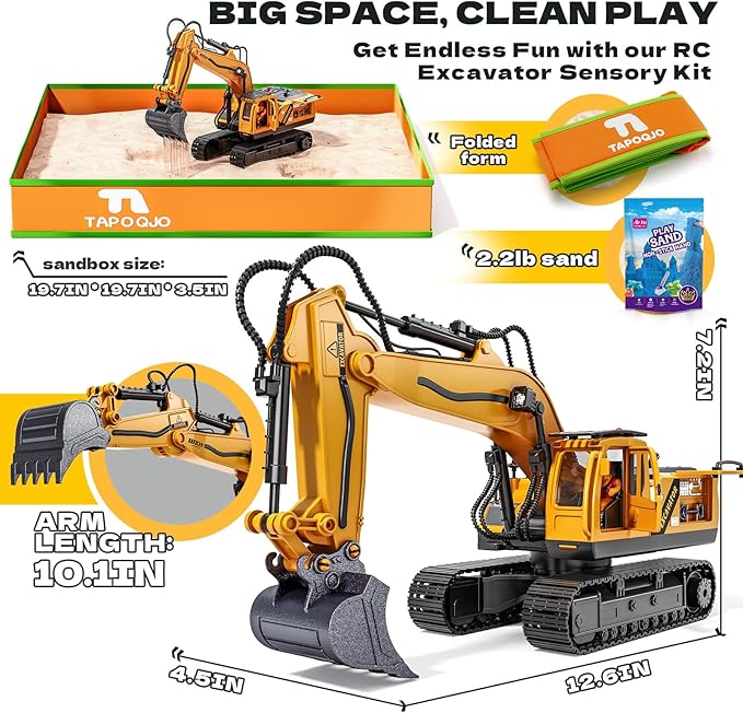 RC Excavator Toys for 3 4 5 6 7 8 Year Old Toddler Boys 15 Channel Remote Control Construction Toys W/Sandbox &amp 2.2 lb Sands Sandbox Toys W/Light &amp Sound Birthday Gift for Kids Boys Age 4-6